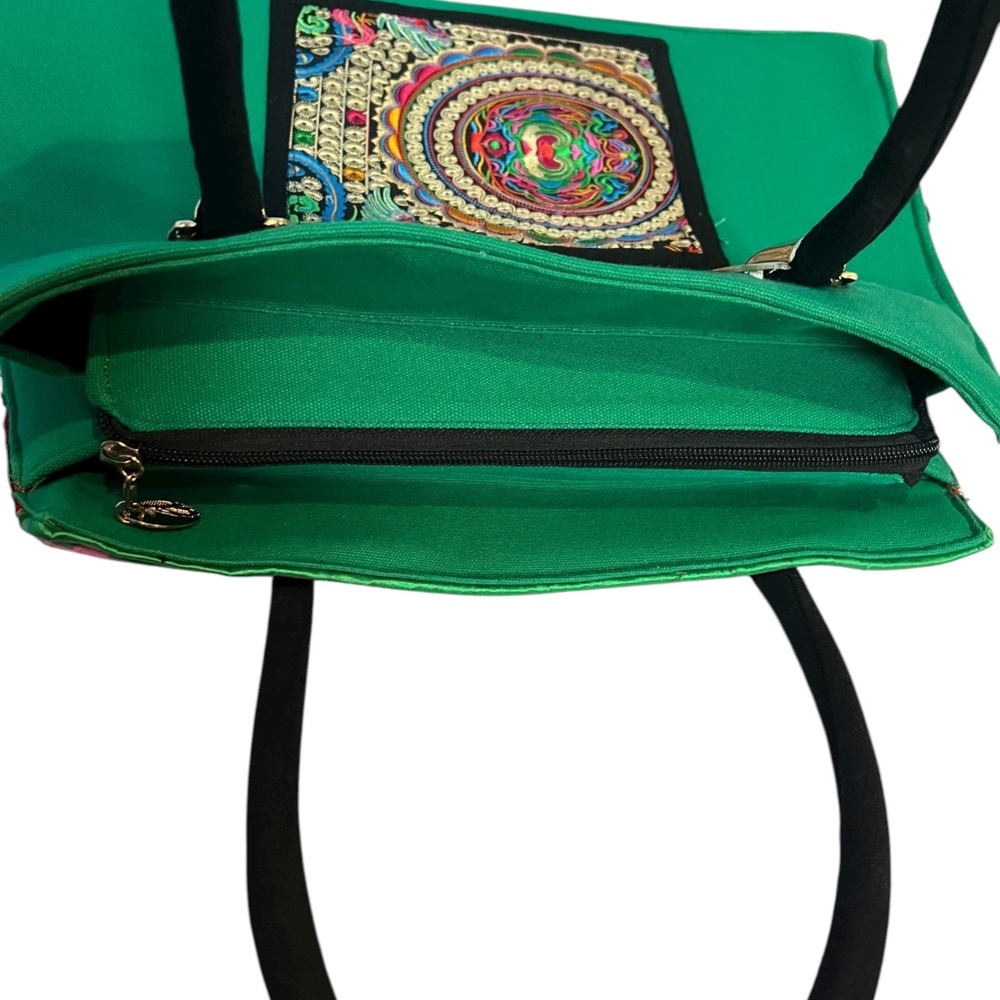 Handcrafted Floral Embroidered Shoulder Green Tote Bag – Unbranded, New - Picture 8 of 12